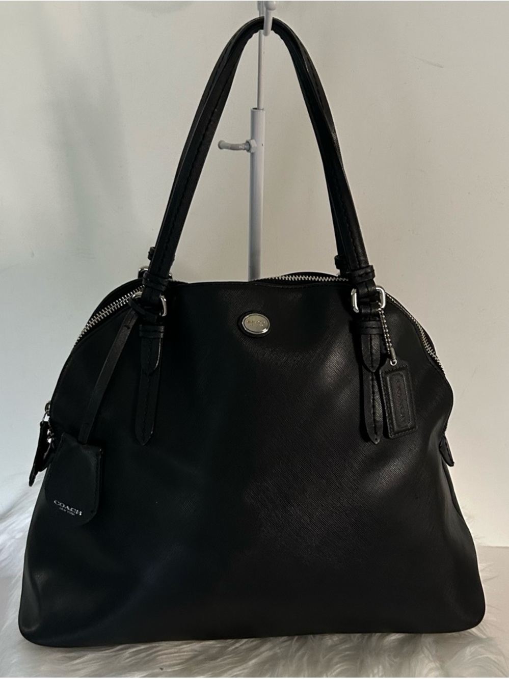 Coach Black Leather Shoulder Bag Silver Hardware structured Tote Classic - Picture 3 of 12